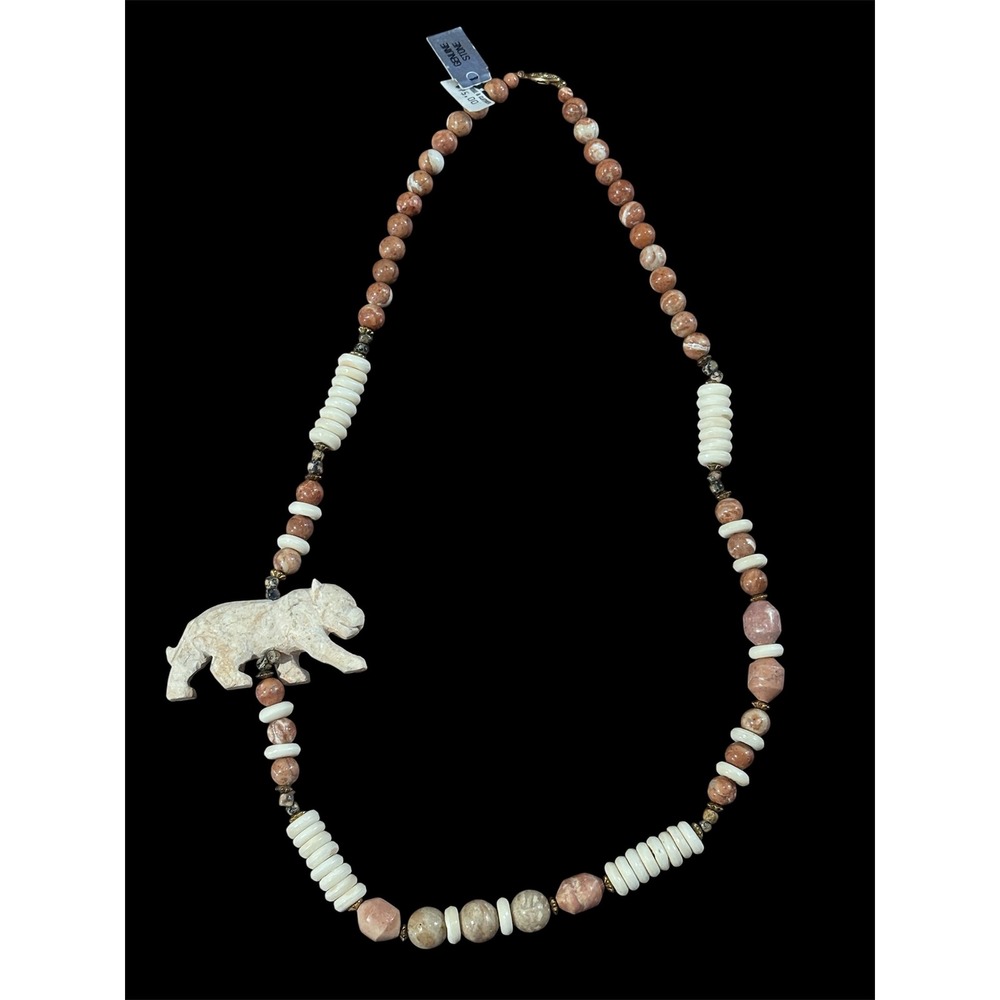 Vtg Genuine polished stone Tiger necklace new old stock orig. tags 32" Estate